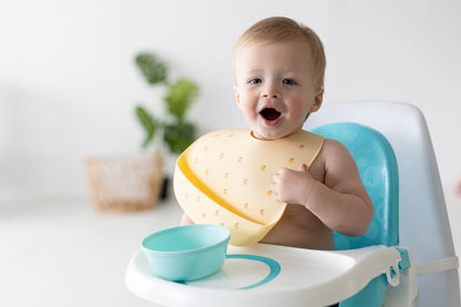 Pearhead Silicone Bib Set of 2, You're a Peach & Light Yellow Waterproof Bibs with Food Catcher, Adjustable Fit, Dishwasher Safe, Unisex Toddler Bib Set