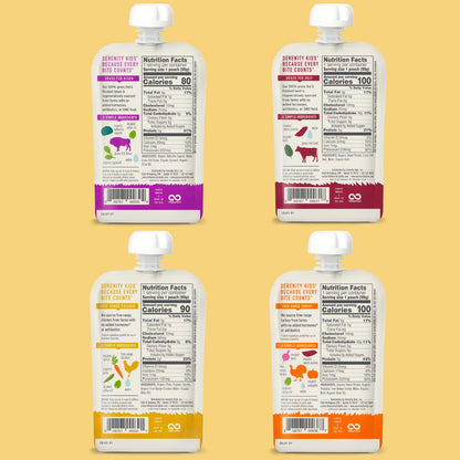 Serenity Kids 6+ Months Baby Food Pouches - Puree with Ethically Sourced Meat & Organic Veggies - 3.5 Ounce BPA-Free Pouch - Variety Pack, 8 Count - Baby Food Meat