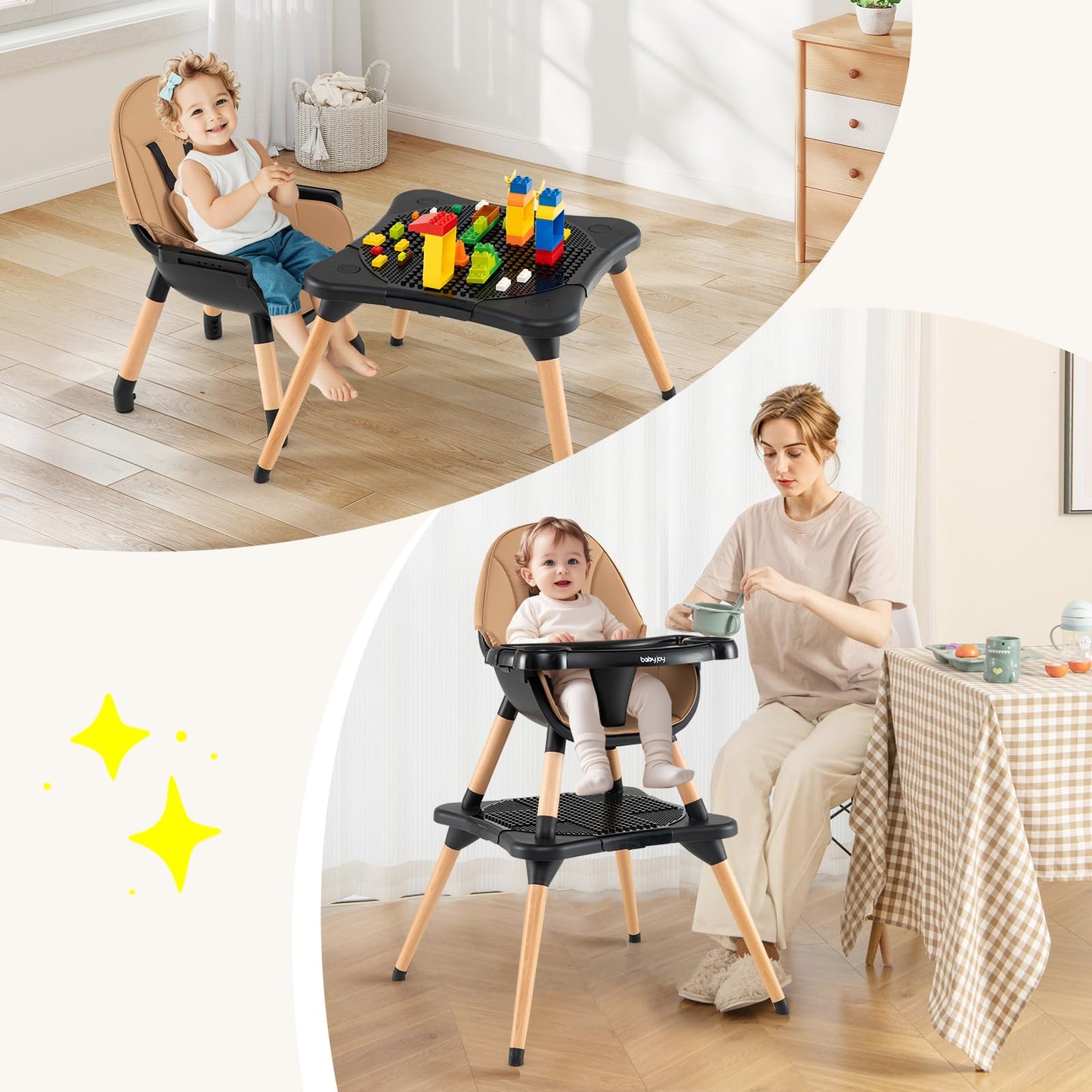 BABY JOY 6 in 1 High Chair, Convertible High Chairs for Babies and Toddlers/Booster Seat/Table and Chair Set, Infant Wooden Highchair w/ 5-Point Harness, 4-Position Removable Tray & PU Cushion, Coffee