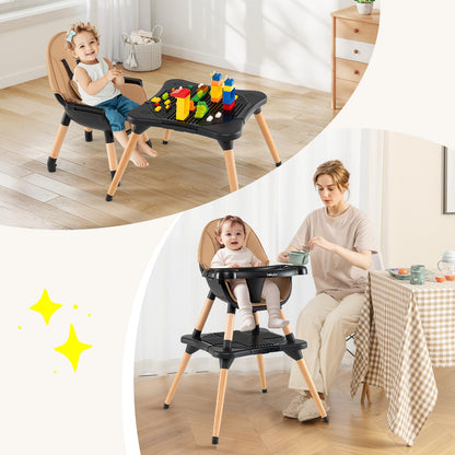 BABY JOY 6 in 1 High Chair, Convertible High Chairs for Babies and Toddlers/Booster Seat/Table and Chair Set, Infant Wooden Highchair w/ 5-Point Harness, 4-Position Removable Tray & PU Cushion, Coffee