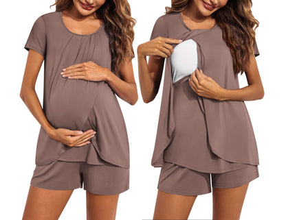 Ekouaer Women's Maternity Nursing Pajamas Set Breastfeeding Sleepwear Double Layer Short Sleeve Top & Shorts Nursing Pjs