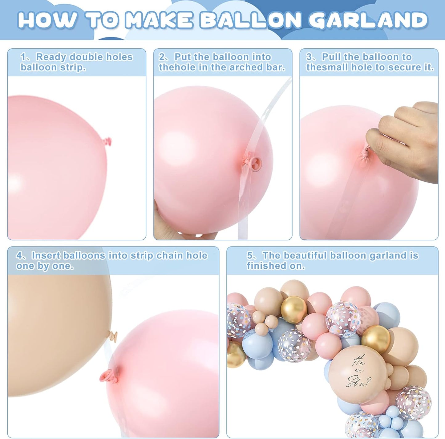Amandir 185Pcs Gender Reveal Decorations, Double-Stuffed Pastel Pink and Blue Brown Nude Balloon Arch Kit White Cloud Hanging Moon Star Garland Boho Neutral Boy or Girl Bear Baby Shower Party Supplies