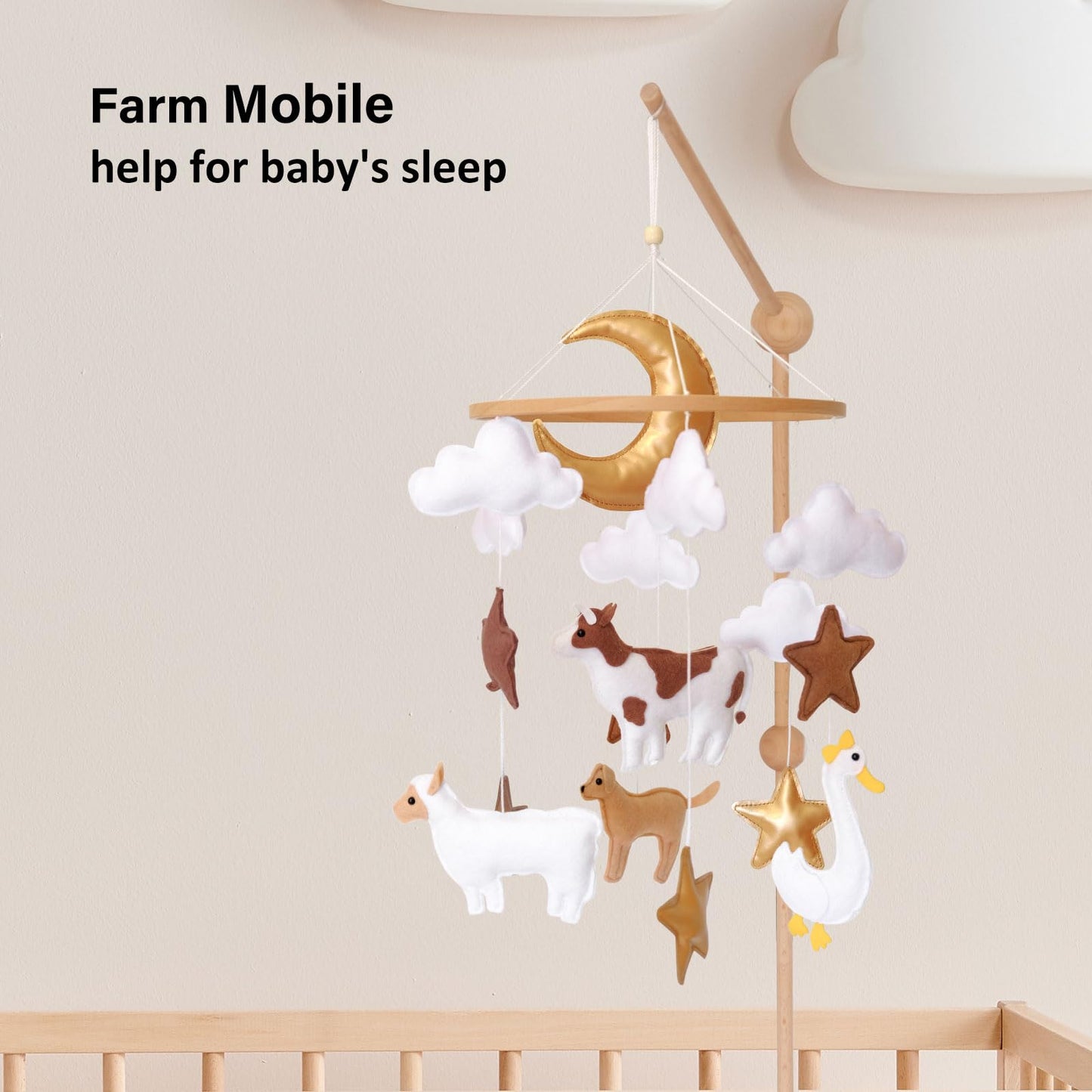 Farm Animals Baby Mobile, Mobile for Crib, Crib Mobile for Boys and Girls, Nursery Mobile for Bassinet, Pack and Play, Cows, Sheep, Golden Retriever, Goose, Moon