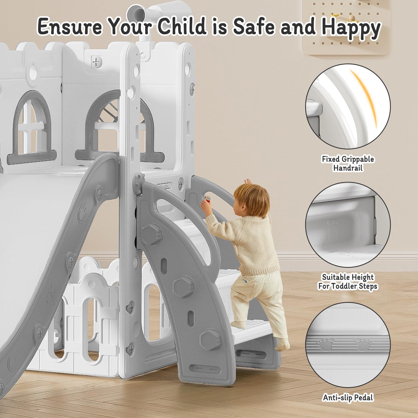 6 in 1 Toddler Slide for Toddler Age 1-3,Kids Climber Slider for Indoor Outdoor Playground with Basketball Hoop,Storage and Telescope,L Shaped Slide for Toddler Climber Playset