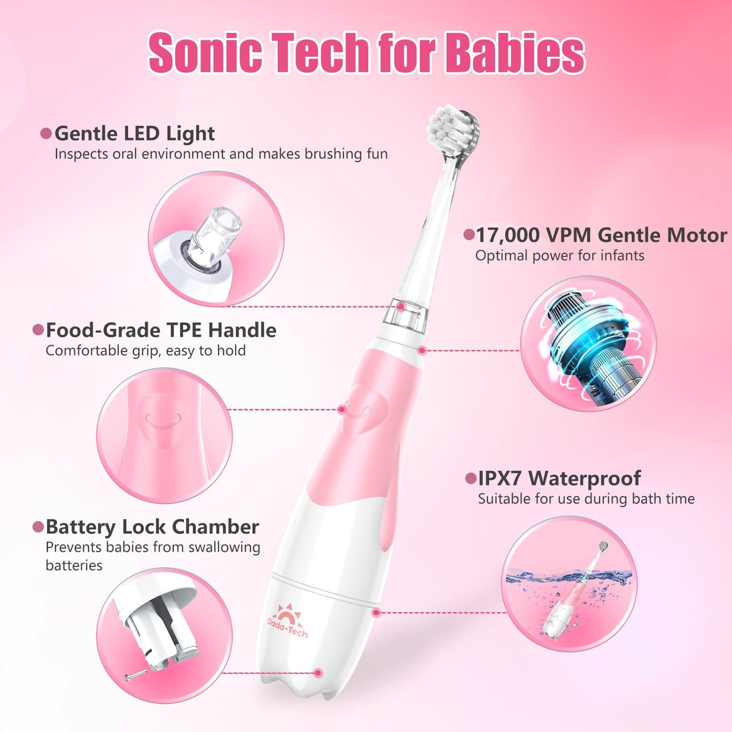 DADA-TECH Toddler Electric Toothbrush Kids Age 1-2-3 Years Old, Baby Electric Toothbrush with LED Light 2 Minutes Timer 4 Vibrating Heads for Infants Toothbrush 6 to 12 Months and Up (Pink Penguin)