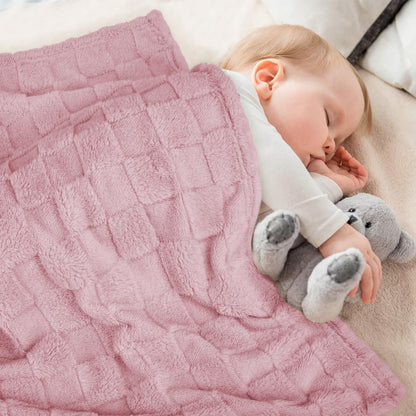 HOMRITAR 3D Gingham Fleece Baby Blanket for Girls Boys Chessboard Grid Warmer Comfort Reversible Shaggy Cozy Decor for Home Bed Blanket for Toddlers 30 x 40 Inches Cream