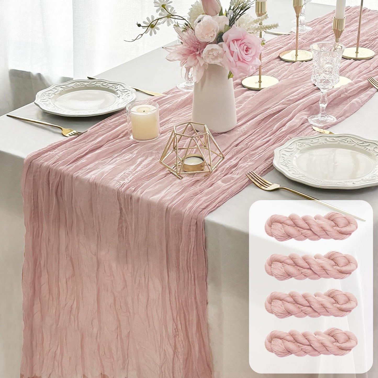 FEXIA Beige Cheesecloth Table Runner 35x120 Inches Ivory Gauze Rustic Boho Spring Easter Table Runner for Engagement Party Decorations Bridal Shower Wedding Party First Communion Centerpiece