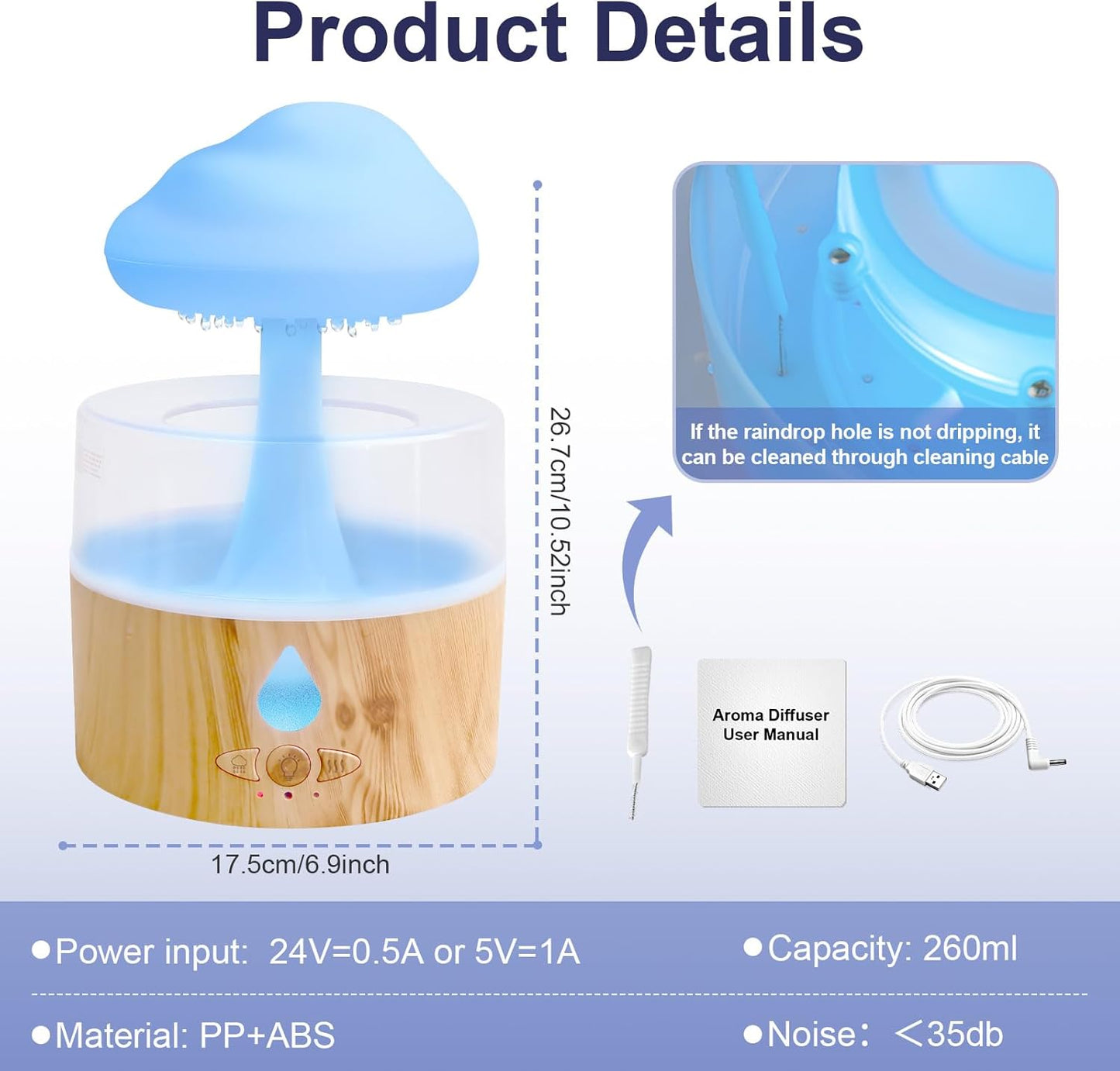 Rain Cloud Humidifier, 3 in 1 Humidifier/Oil Diffusers/7 Colors Night Light, Humidifier for Bedroom, Simulate Falling Raindrops, for Sleeping, Relaxing, Mushroom