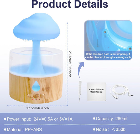 Rain Cloud Humidifier, 3 in 1 Humidifier/Oil Diffusers/7 Colors Night Light, Humidifier for Bedroom, Simulate Falling Raindrops, for Sleeping, Relaxing, Mushroom