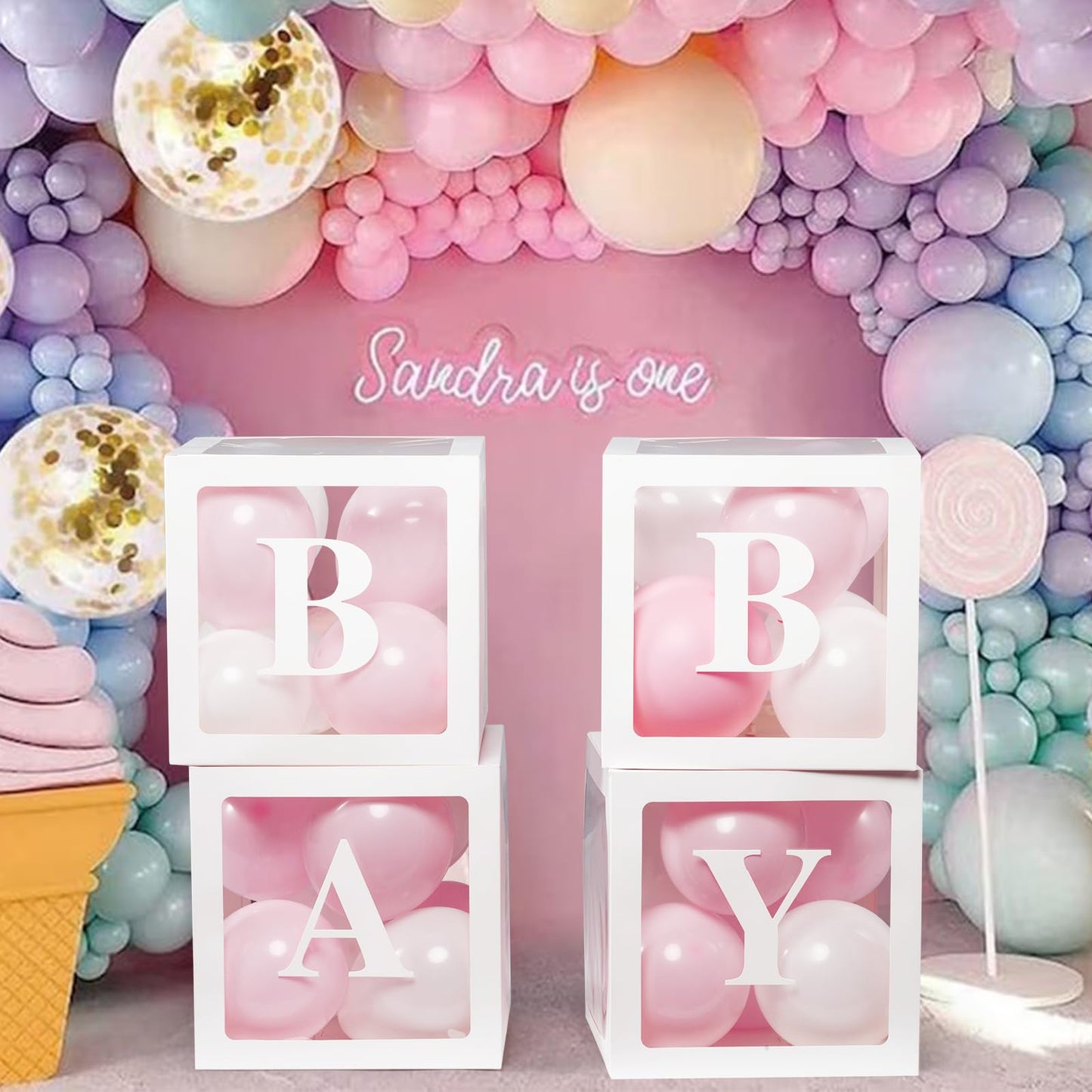 Baby Boxes with Letters for Baby Shower Decorations, Gender Reveal with 4 Pastel Balloon Boxes