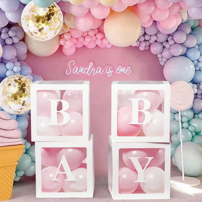 Baby Boxes with Letters for Baby Shower Decorations, Gender Reveal with 4 Pastel Balloon Boxes