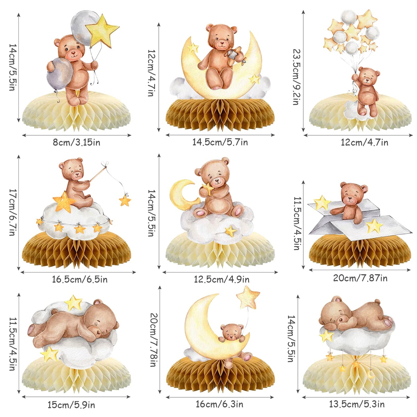Tarklanda 9 Pcs Bear Baby Shower Honeycomb Centerpieces for Boys Party Decorate,Little Bear Balloons Cutouts Table Topper Honeycomb 3D Table Decoration for Kids Baby Shower Birthday Party Supplies