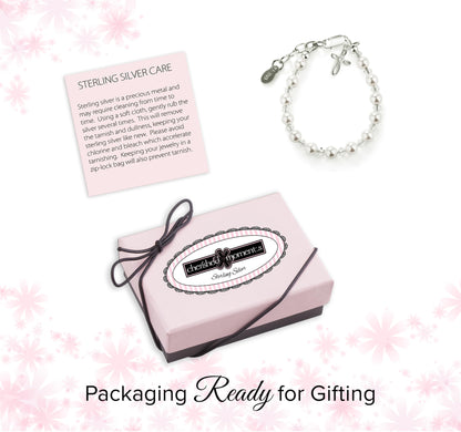 Cherished Moments Sterling Silver Bracelet for Girls with High-End Simulated Pearls and Crystals with a Dainty Infinity Cross Charm
