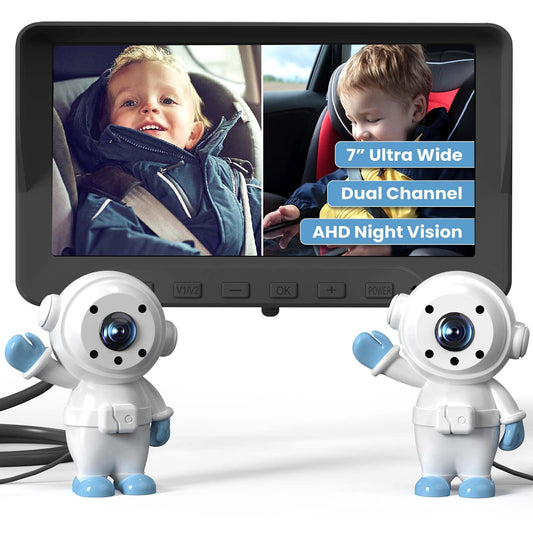 GROWNSY Baby Car Camera for 2 Kids, 7 in Ultrawide AHD Car Baby Monitor with 2 Camera, Backseat Mirror for Baby Rear Facing with Infrared Night Vision, Easily Observe Baby's Every Move
