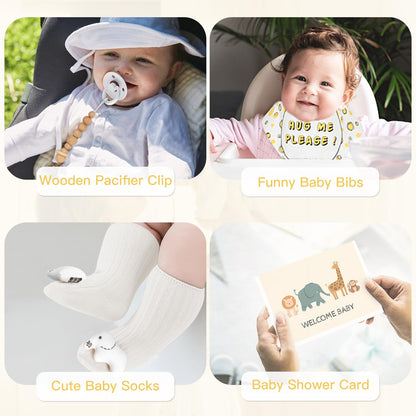 Baby Shower Gifts for Boys Girls, Baby Gifts Basket Newborn Blanket Rattle Toys Keepsake Pacifier Clip Infant Bibs Socks New Parent Decision Coin Greeting Card, Baby Gift Set Gender Reveal Essential