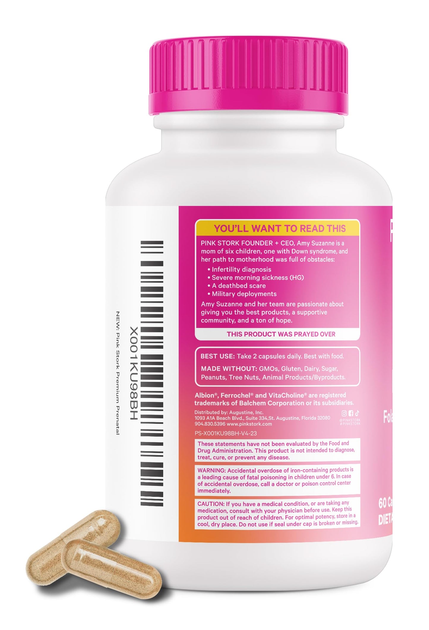 Pink Stork Premium Prenatal Vitamin for Women - Organic Whole-Food Ingredients, Multivitamin & Probiotics - Morning Sickness, Digestion, & Energy - Folate, B6, & Iron - 60 Capsules