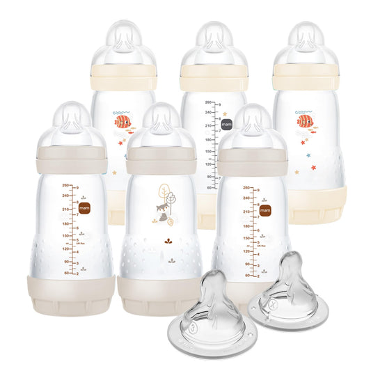 MAM 9oz Easy Start Anti-Colic Baby Bottles, Medium Flow, Breastfeeding-Like Silicone Nipple Bottle, Reduces Colic, Gas, & Reflux, Easy-to-Clean, BPA-Free, Colors May Vary