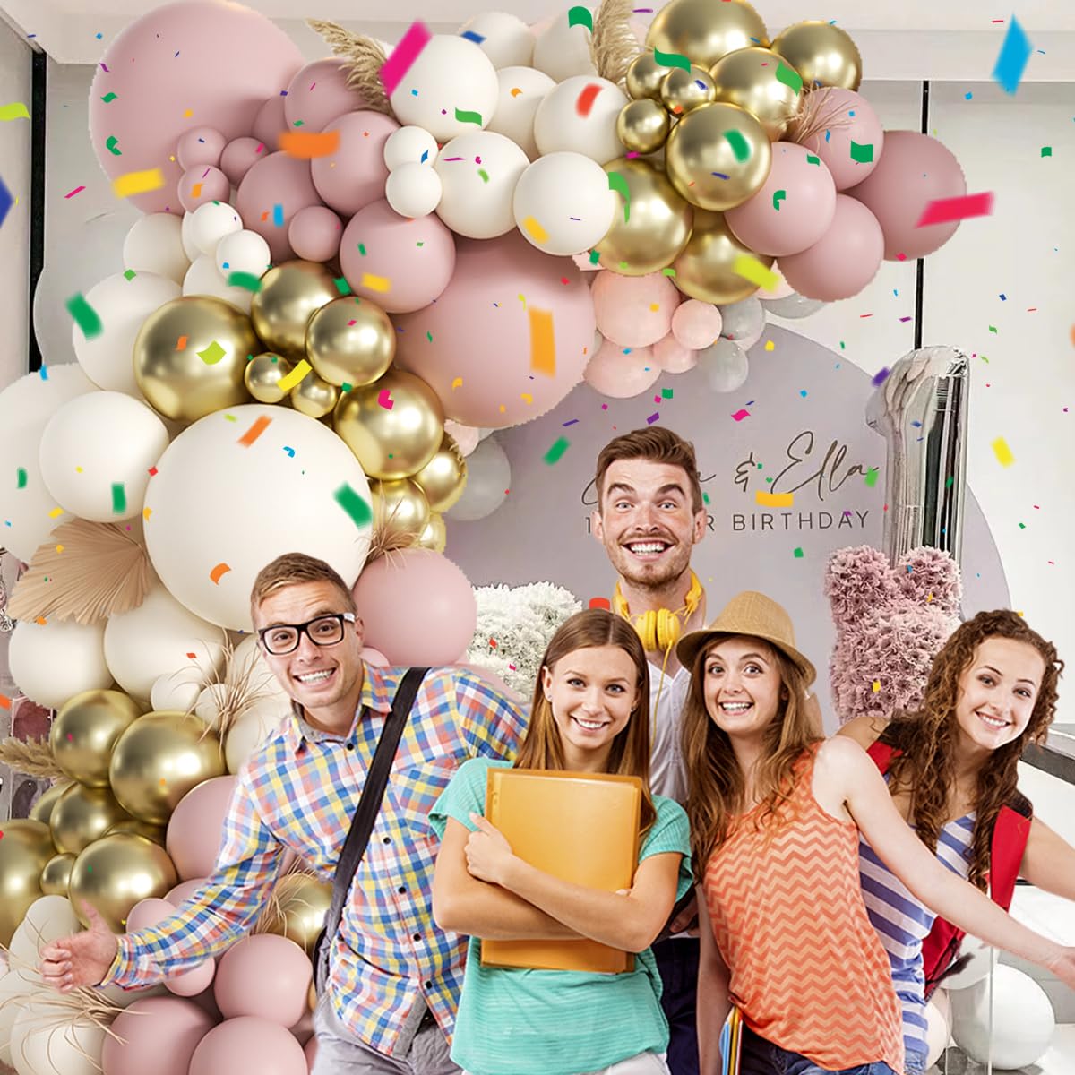 155Pcs Sage Green White Gold Balloon Garland Arch Kit with Gold Confetti Balloons for Graduation Baby Shower Decor Happy Birthday Party Wedding Jungle Decorations