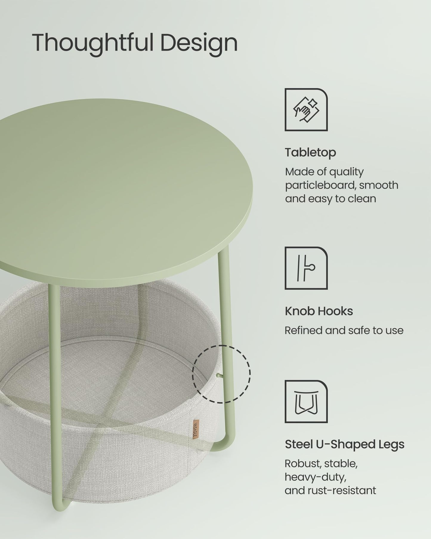 VASAGLE End Table, Small Bedside Table with Fabric Basket, Modern Nightstand, Round Side Table, for Living Room, Bedroom, Matte White and Camel Brown ULET223W10