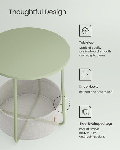 VASAGLE End Table, Small Bedside Table with Fabric Basket, Modern Nightstand, Round Side Table, for Living Room, Bedroom, Matte White and Camel Brown ULET223W10