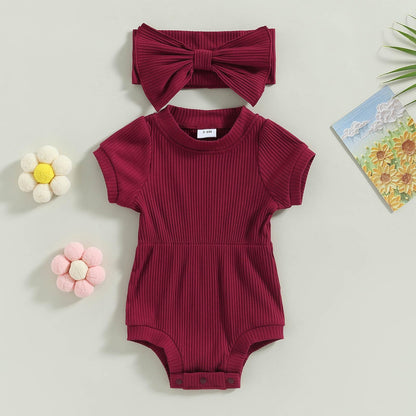 Baby Girl Summer Clothes Ribbed Short Sleeve Romper Solid Color Bodysuits Bow Headband Outfit Newborn Girl Jumpsuit