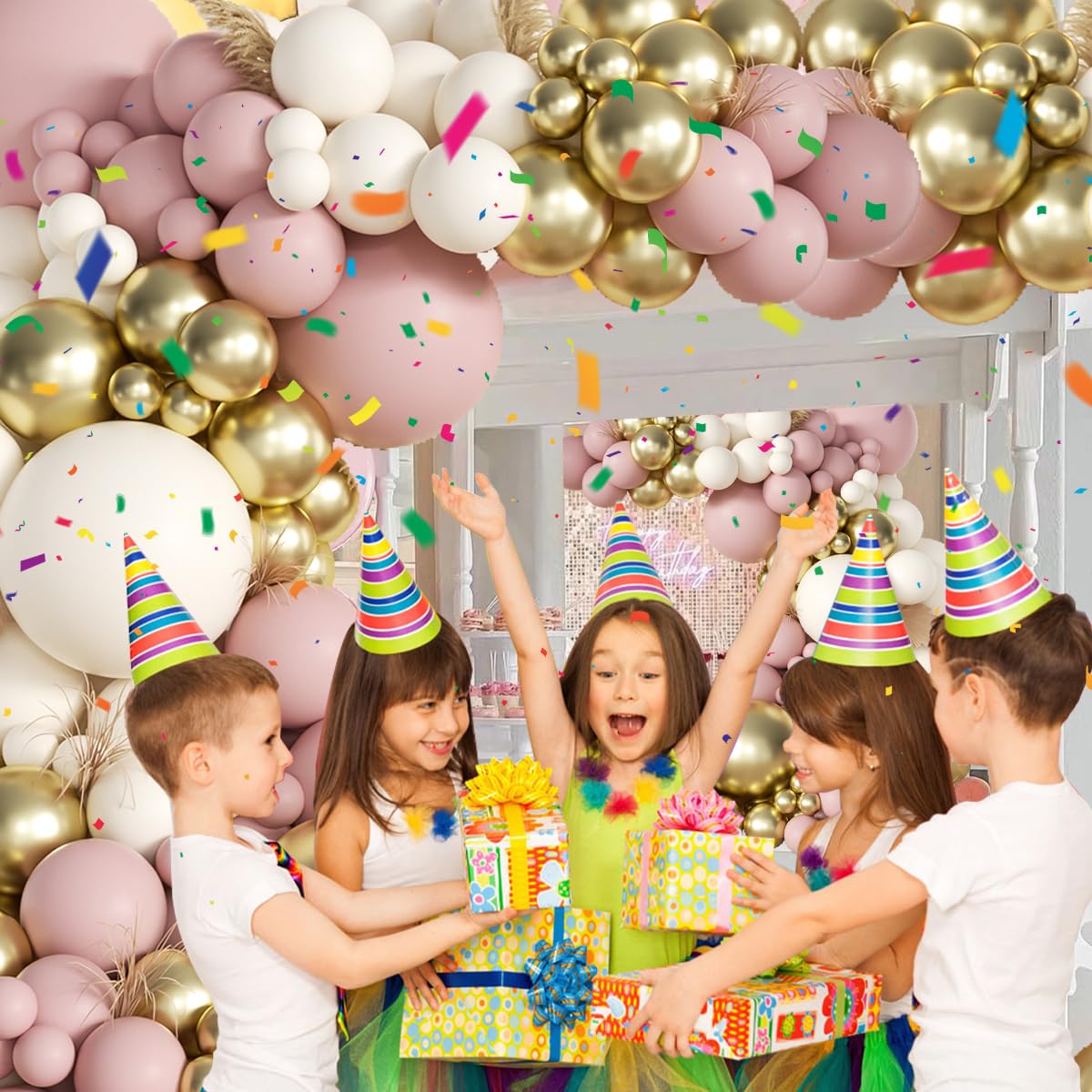 155Pcs Sage Green White Gold Balloon Garland Arch Kit with Gold Confetti Balloons for Graduation Baby Shower Decor Happy Birthday Party Wedding Jungle Decorations
