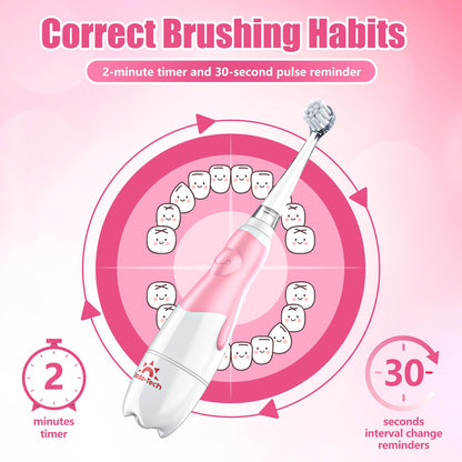 DADA-TECH Toddler Electric Toothbrush Kids Age 1-2-3 Years Old, Baby Electric Toothbrush with LED Light 2 Minutes Timer 4 Vibrating Heads for Infants Toothbrush 6 to 12 Months and Up (Pink Penguin)