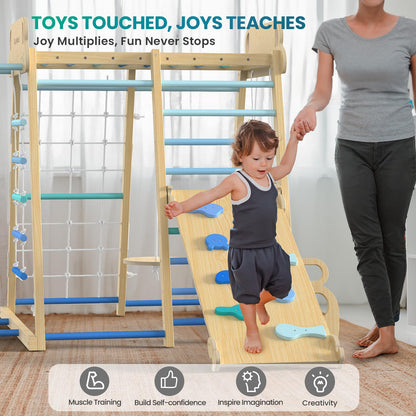 Upgraded Indoor Playground 9-in-1 Jungle Gym Kids Climbing Toys, Montessori Philosophy Waldorf Style Wooden Climber Playset with Slide, Swing, Monkey Bars, Upright/Rope Ladder, Climb Net, Rainbow