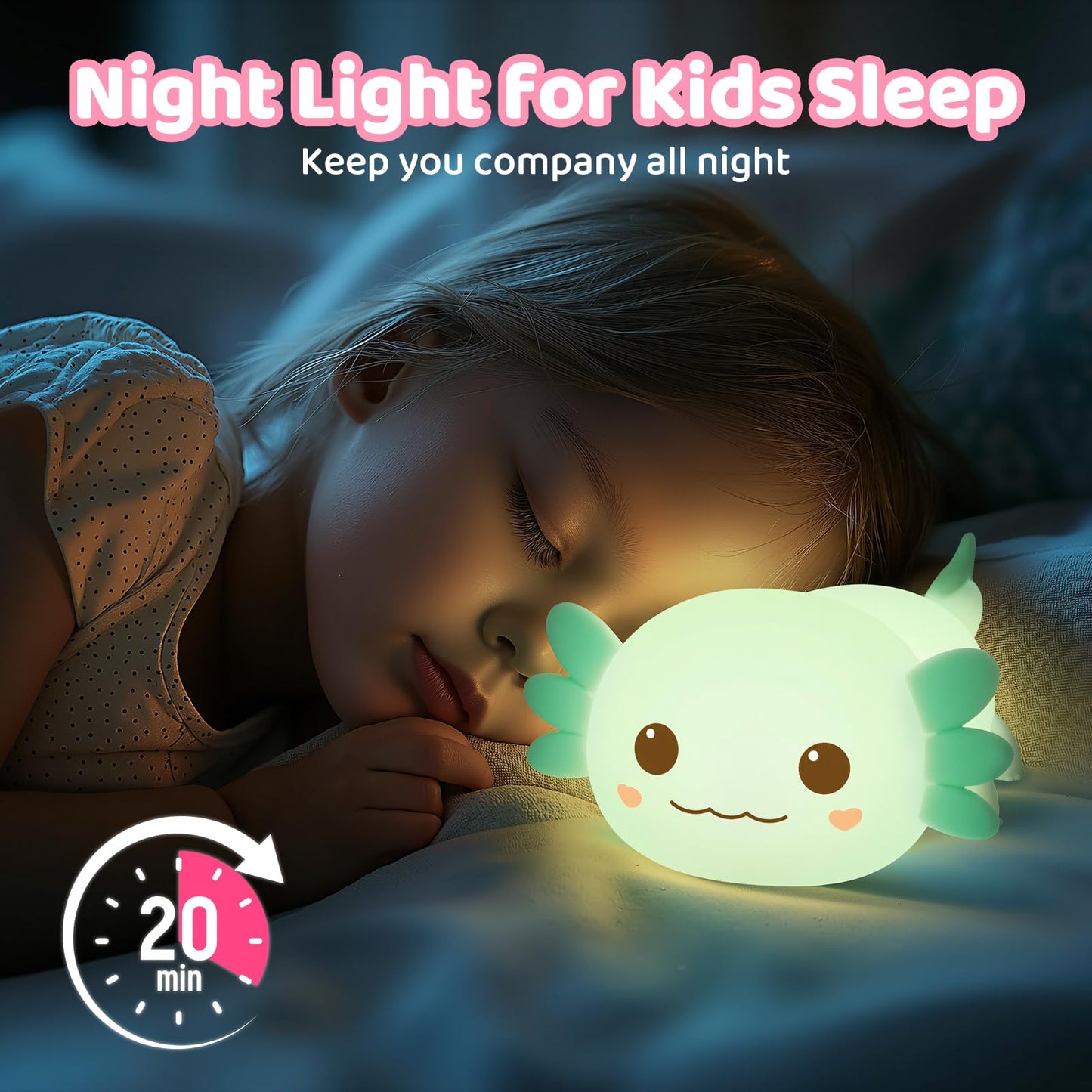 Huggwaii Squishy Axolotl Night Light for Kids – Dimmable Silicone Axolotl Lamp, 2025 Upgraded Baby Night Light, Rechargeable, 20H Battery Life, Sleep Aid Gift for Toddlers, Girls&Room Decor