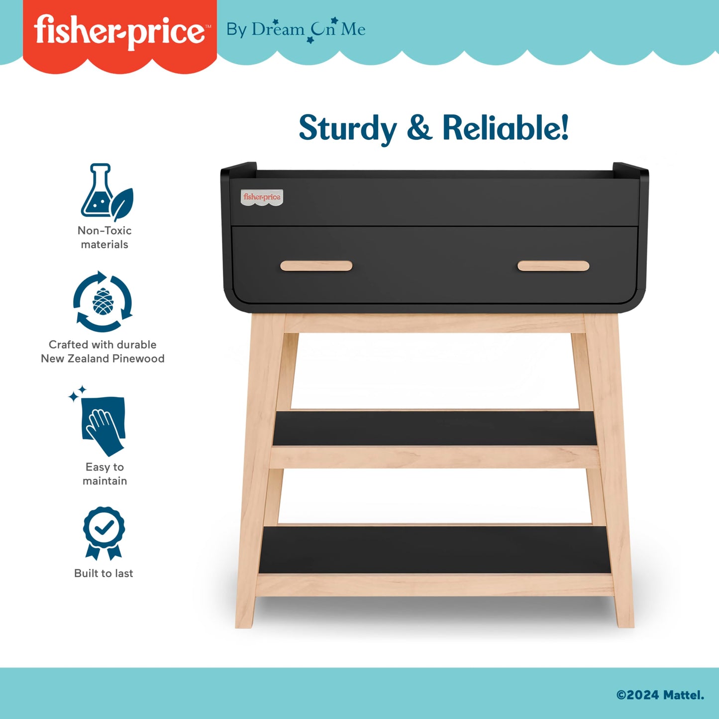 Fisher-Price Iris/Siesta Changing Table by Dream On Me, Blush Pink, JPMA & Greenguard Gold Certified, with a Bottom Closed Drawer and Two Open Shelves for Storage