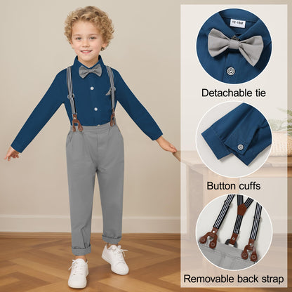 CARETOO Toddler Boy Clothes Suit Gentleman Wedding Outfits Kids Formal Dress Shirt Bowtie Long Suspender Pants Overalls 1-5T