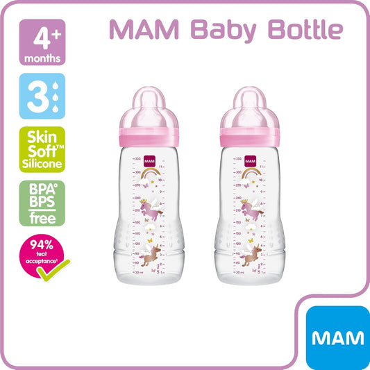 330ml Pack Of 2 Pink Mam Baby Bottle With Spill Free Lid