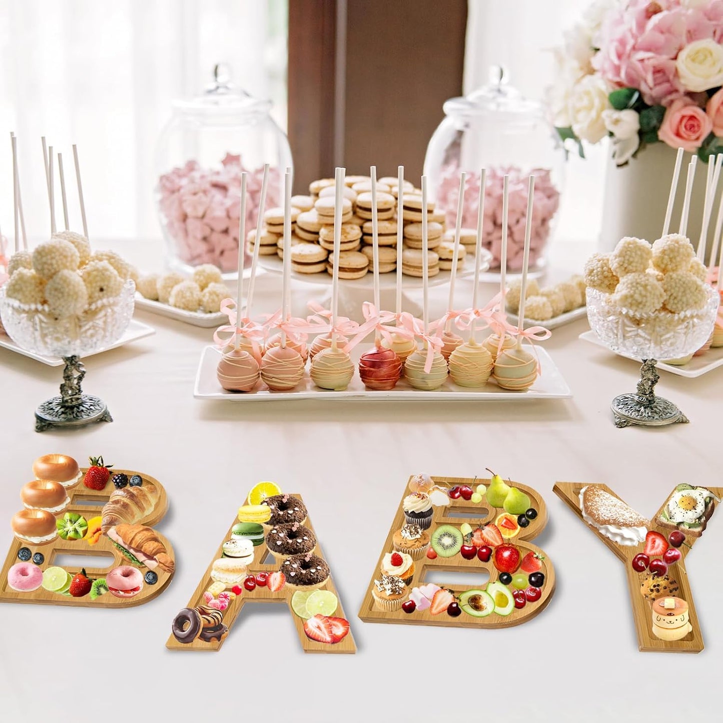 4 Pcs Wood Baby Charcuterie Board Letters, Wooden BABY Letters for Baby Shower, Birthday, Party Food Display Decorations