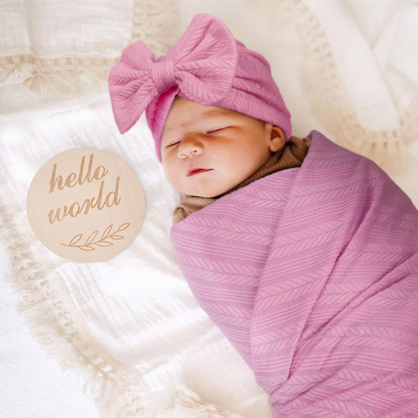 DRESHOW BQUBO Baby Swaddle Blankets for Girls, 4PCS Newborn Accessories Set with Matching Hat and Bow Headband with Card