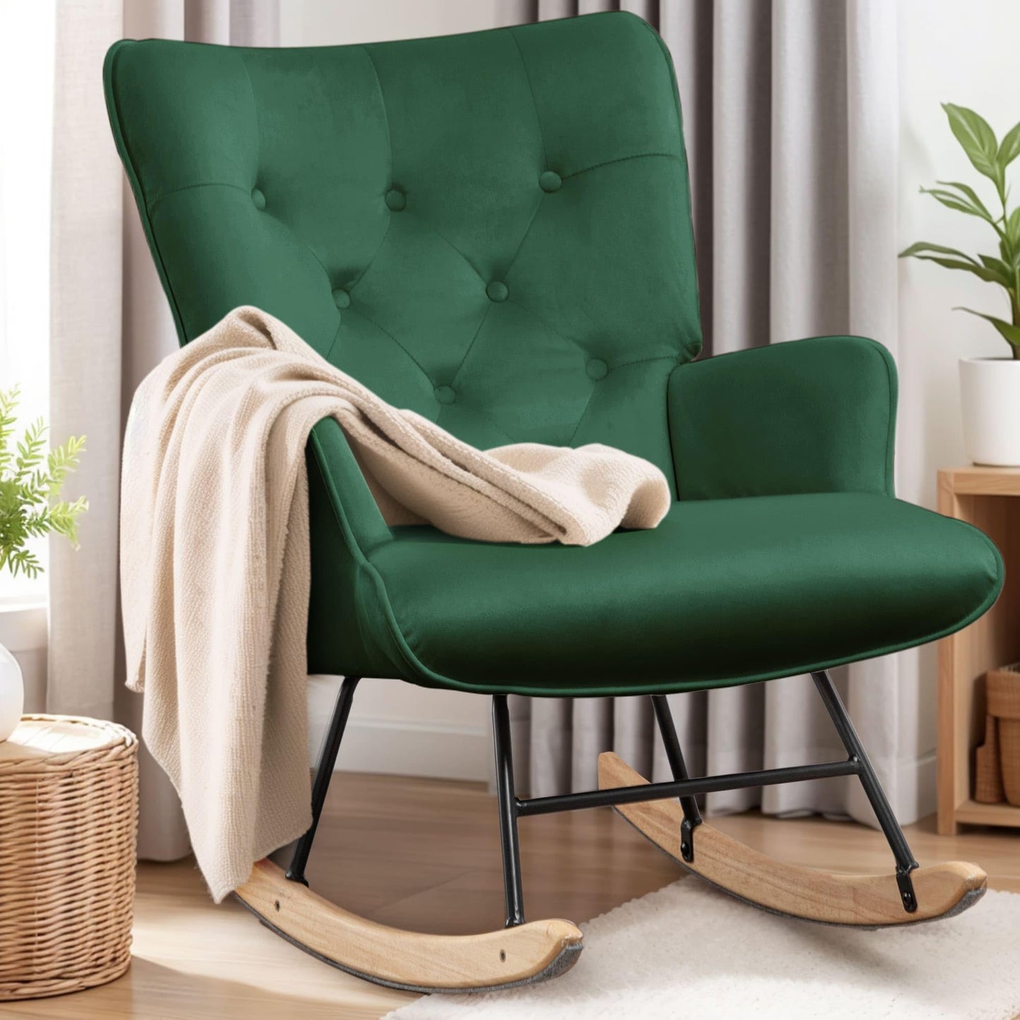 Rocking Chair for Nursery, Comfy Velvet Fabric Glider Rocker, Reading Chair with Support Seating and Side Pockets, Rocking Recliner Chair for Living Room, Bedroom, Balcony, Creamy Beige