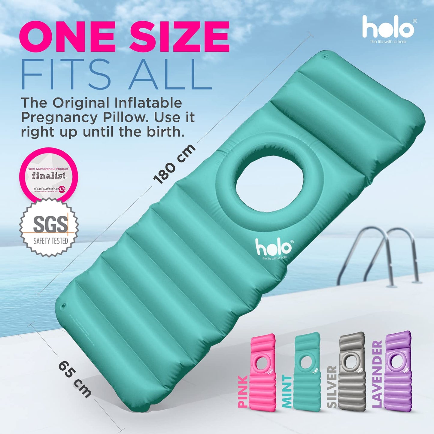 HOLO The Original Inflatable Pregnancy Pillow - Full Body Maternity Airbed/Float with Hole for Tummy - Sleeping Support & Comfort - Say Goodbye to Pregnancy Related Aches and Pains (White Sand)