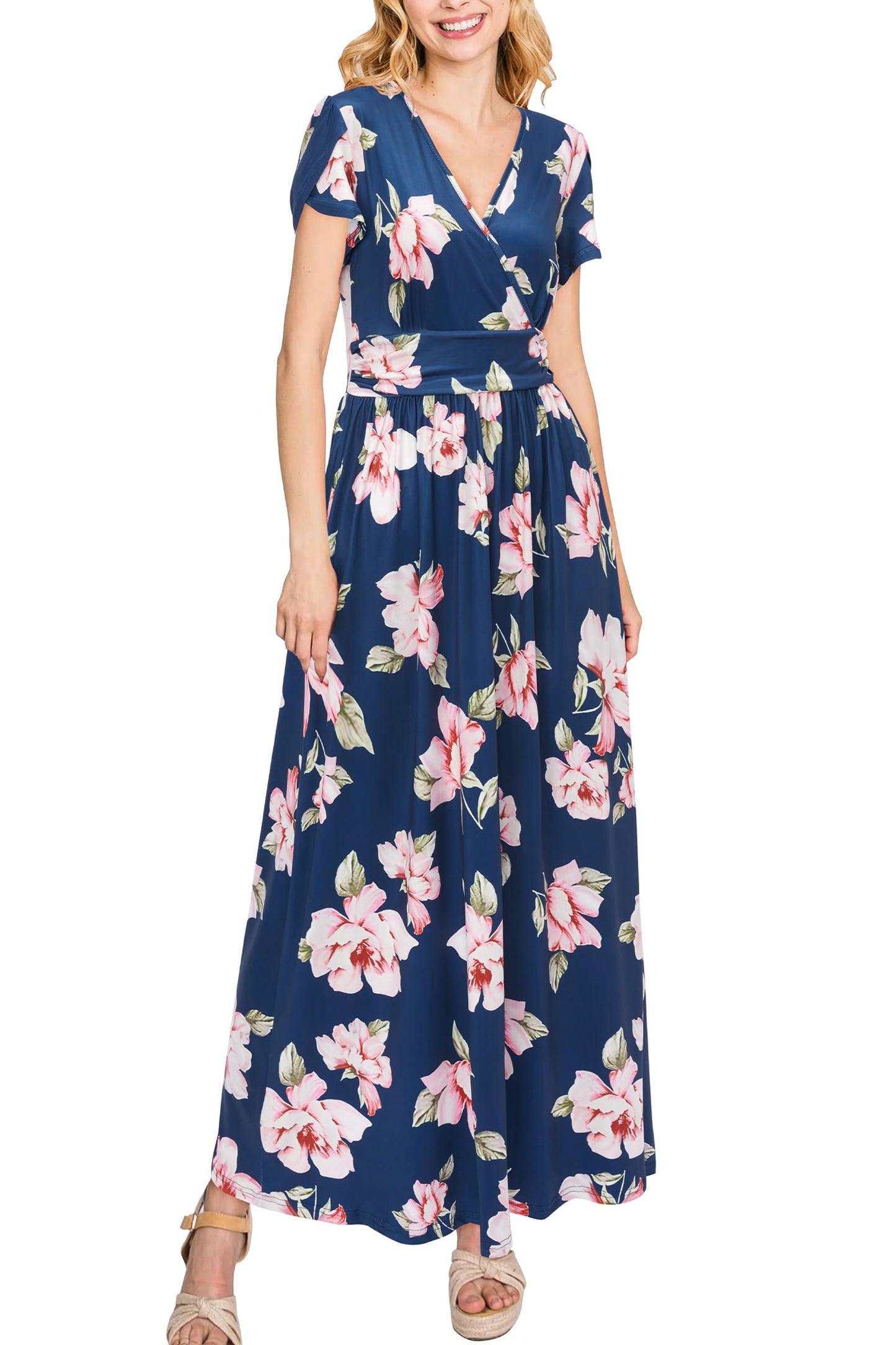 OUGES Maternity Maxi Dress Wrap V Neck Baby Shower Pregnancy Dresses for Photoshoot