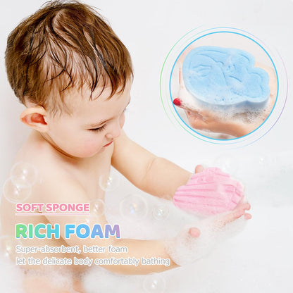 Baby Bath Sponge, Natural Cute Shapes Soft Shower Sponges for Bathing, Bathtub Foam for Infants and Toddler, 3pcs : Blue Dolphin, Pink Shell, Green Turtle