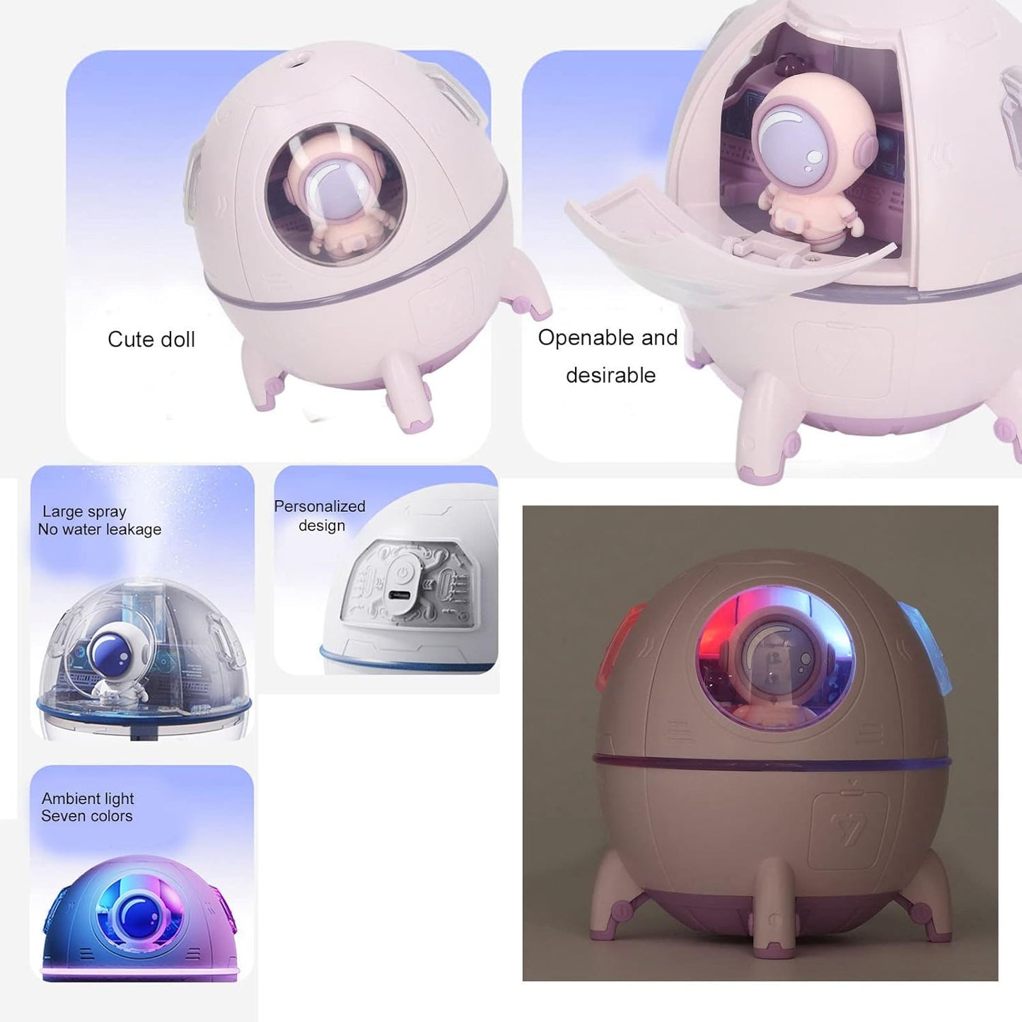 Space Capsule Humidifier USB Large Mist Volume Cute Baby Humidifier with Diffuser Night Light for Car Office Room Bedroom Home Car Desktop White (Light Purple)