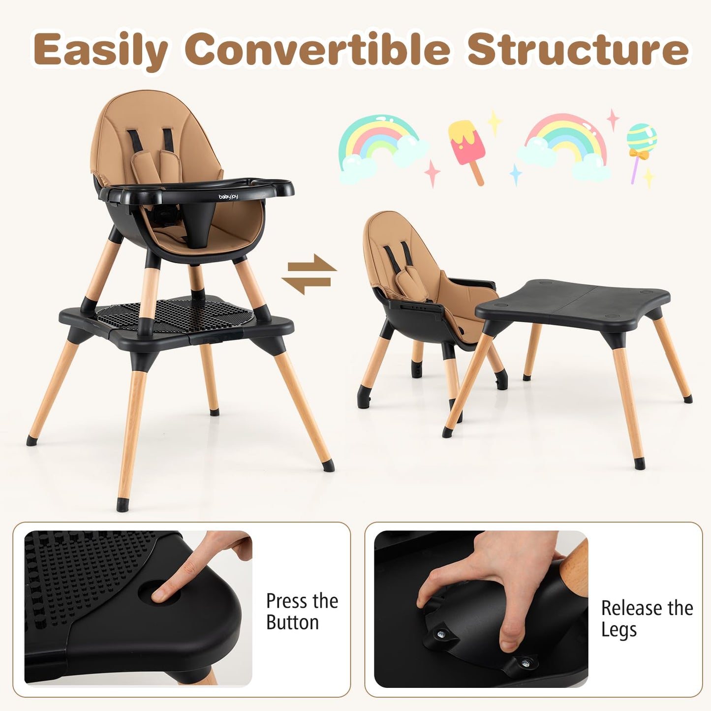 BABY JOY 6 in 1 High Chair, Convertible High Chairs for Babies and Toddlers/Booster Seat/Table and Chair Set, Infant Wooden Highchair w/ 5-Point Harness, 4-Position Removable Tray & PU Cushion, Coffee