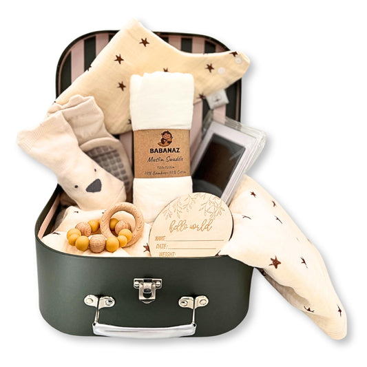 Baby Gift Set Boy - Newborn Shower Gift Basket with Large Minky Plush Blanket, Muslin Swaddle, Teether, Wooden Birth Record, Hand & Foot Print Kit, Nemo Socks, for Newborn Essentials Boys, Blue
