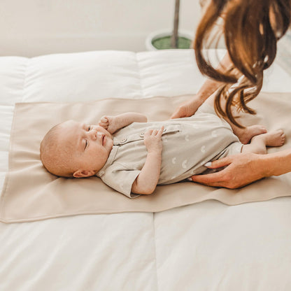 Konssy Faux Leather Baby Changing Mat 2 Pack, Waterproof, Wipeable & Portable Diaper Changing Pad for Travel or Home, Foldable Mat Fits Perfectly in Diaper Bag, 30 x 17 inches (Brown,Beige)