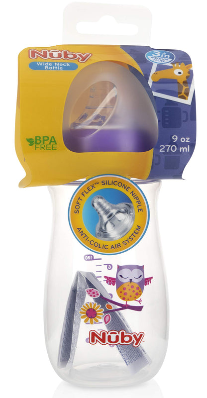 Nuby Wide Neck Bottle with Anti-Colic Air System, Colors/Prints May Vary, 1 Pack of 1 Bottle