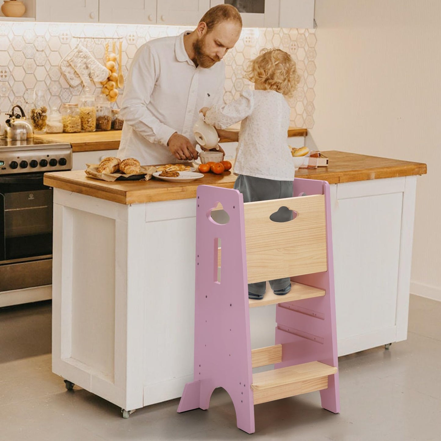 COSYLAND Toddler Standing Tower Adjustable Height - Super Stable Kids Kitchen Stool Helper - 3 Levels Adjustable Wooden Toddler Kitchen Stool (Natural & Navy Blue)
