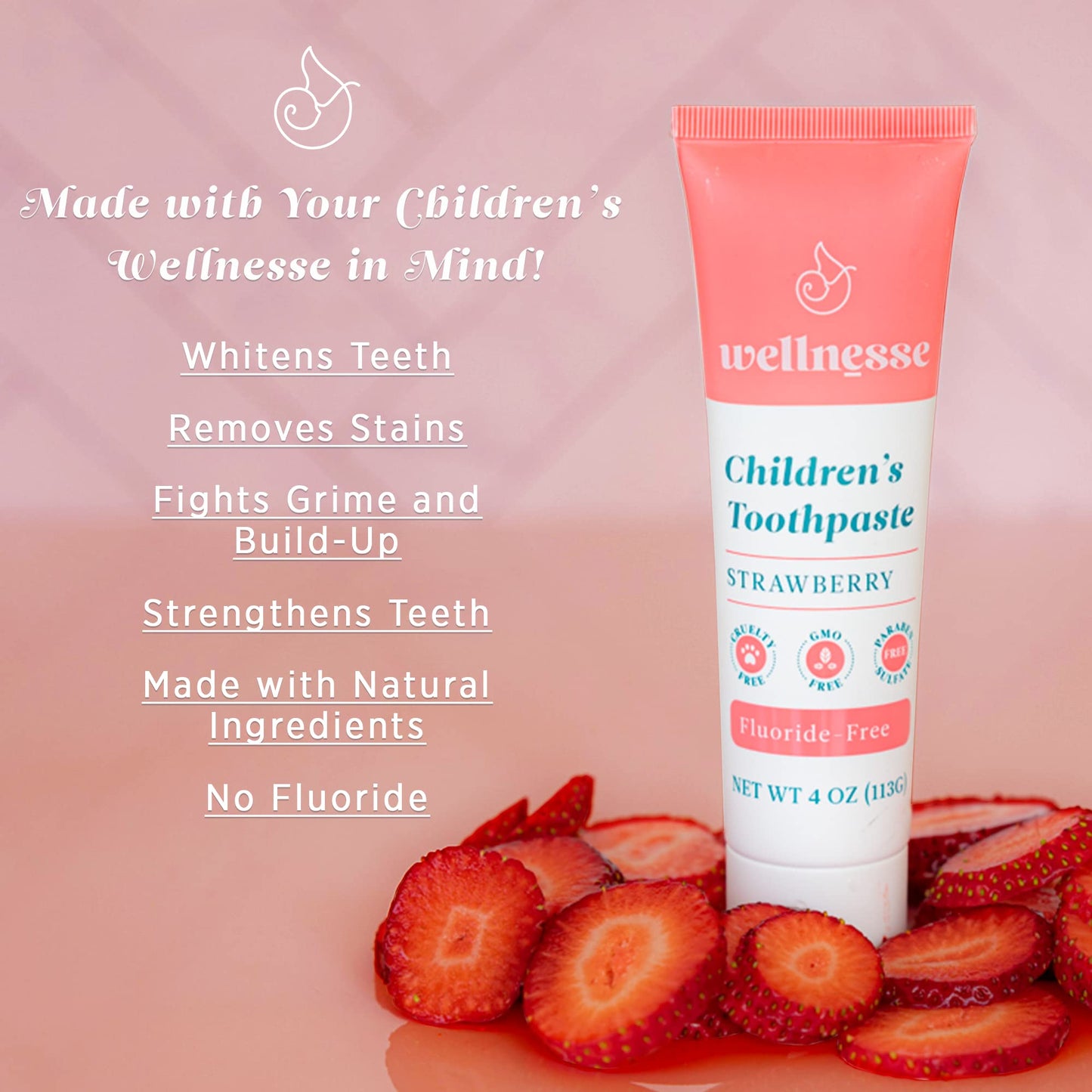 Wellnesse Kids Hydroxyapatite Toothpaste with Xylitol - Fluoride Free Toddler & Children's Natural Toothpaste, Freshens Breath, Sensory-Friendly Oral Care, Vegan, Strawberry Flavor, 4 oz (Pack of 1)