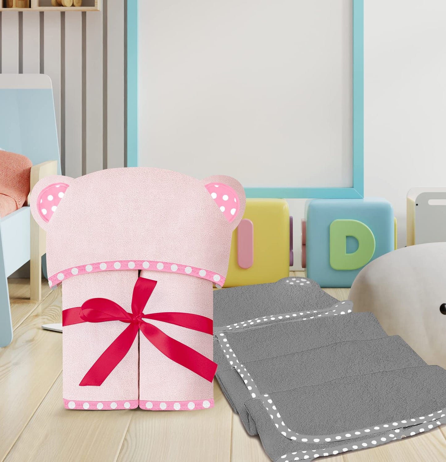 Set of 2 Hooded Baby Towels – White and Grey – Luxurious, Large and Super Absorbent – 30 x 30 Inch – Soft and Suitable for Infants, Toddlers and Kids – 400 GSM