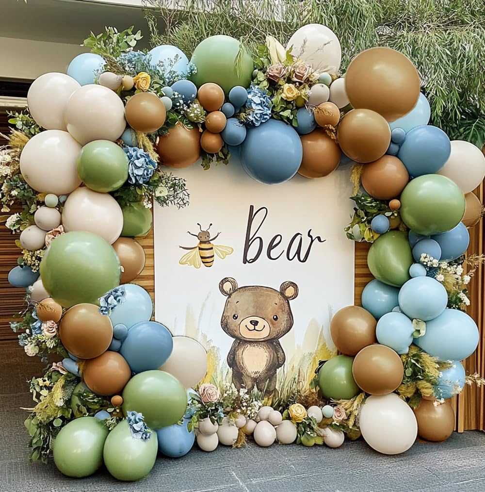 Blue Green Brown Balloon Garland Double Stuffed Dusty Blue Sage Green Balloons Olive White Sand Latex Balloon Arch Kit for Bear Baby Shower Birthday Woodland Wild One Party Decorations