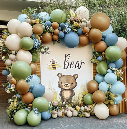 Blue Green Brown Balloon Garland Double Stuffed Dusty Blue Sage Green Balloons Olive White Sand Latex Balloon Arch Kit for Bear Baby Shower Birthday Woodland Wild One Party Decorations