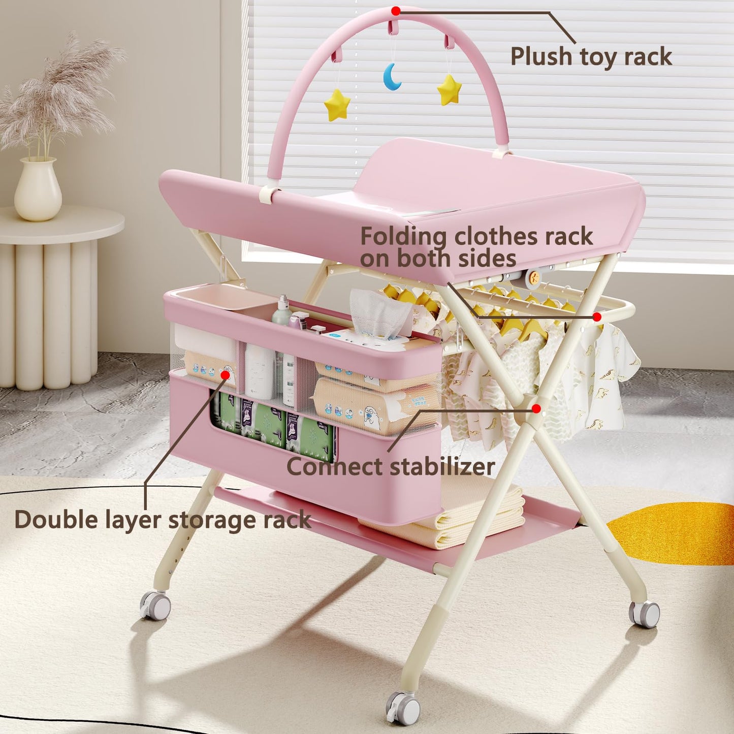 Foldable Portable Changing Table for Baby,Upgraded Style Baby Portable Diaper Changing Station with Wheels,Nursery Five Level Adjustable Height Changing Table with Organizer Storage(Green)