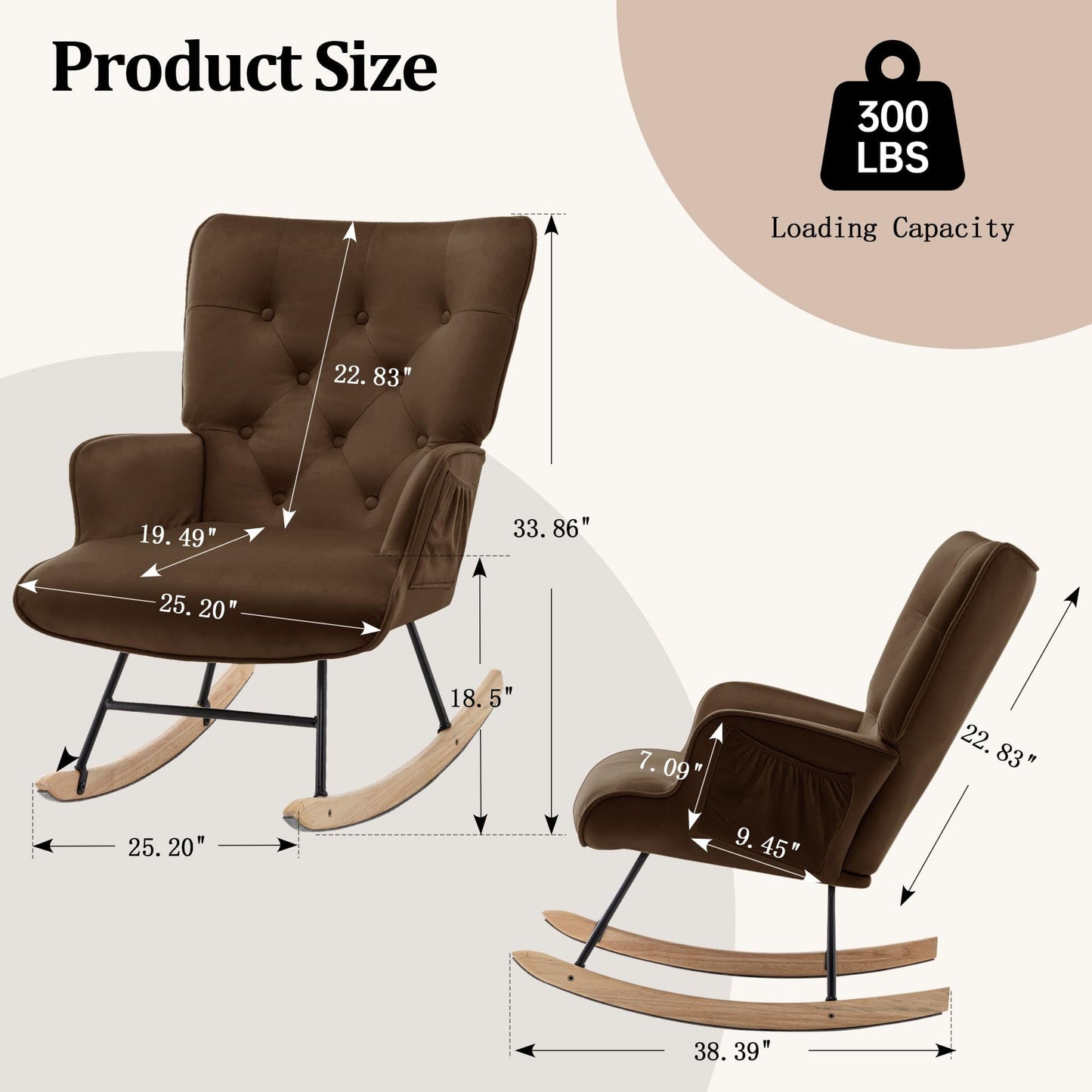 Rocking Chair for Nursery, Comfy Velvet Fabric Glider Rocker, Reading Chair with Support Seating and Side Pockets, Rocking Recliner Chair for Living Room, Bedroom, Balcony, Creamy Beige